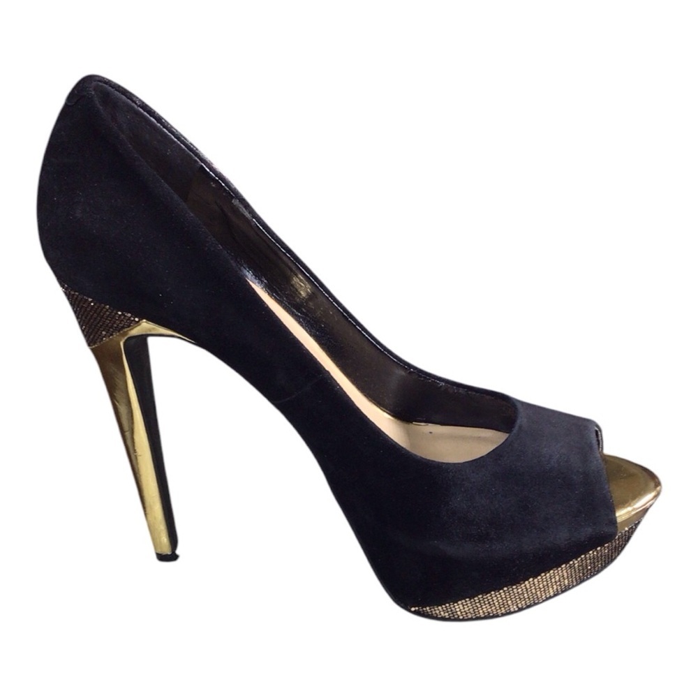 Elegant Black and Gold Peep-Toe Heels